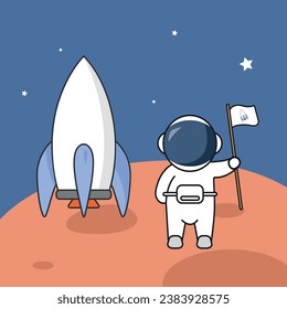 Cute astronaut standing holding flag with rocket on mars. Vector illustration