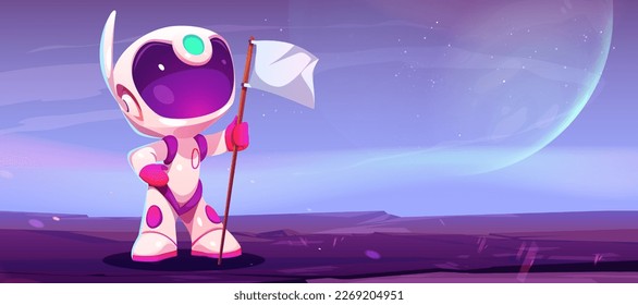 Cute astronaut standing on alien planet surface with white flag. Vector cartoon illustration of funny spaceman in cosmic suit against outer space background with moon and stars. Scientific discovery