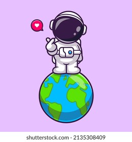 Cute Astronaut steht auf der Erde mit Liebesschild Cartoon Vektorsymbol Illustration. Science Technology Icon Konzept isolierter Premium-Vektorgrafik. Flachbildkartonstil