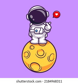 Cute Astronaut Standing On Moon With Love Sign Cartoon Vector Icon Illustration. Science Technology Icon Concept Isolated Premium Vector. Flat Cartoon Style