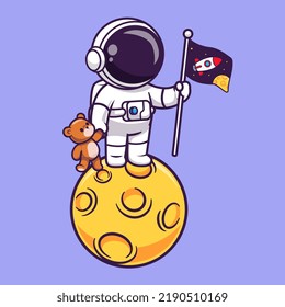 Cute Astronaut Standing On Moon Holding Teddy Bear And Flag Cartoon Vector Icon Illustration Science Technology Icon Concept Isolated Premium Vector. Flat Cartoon Style