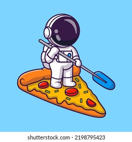 Cute Astronaut Standing On Pizza Slice With Paddle Cartoon Vector Icon Illustration. Science Food Icon Concept Isolated Premium Vector. Flat Cartoon Style