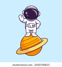 Cute Astronaut Standing On Planet Cartoon Vector Icon Illustration. Science Technology Icon Concept Isolated Premium Vector. Flat Cartoon Style