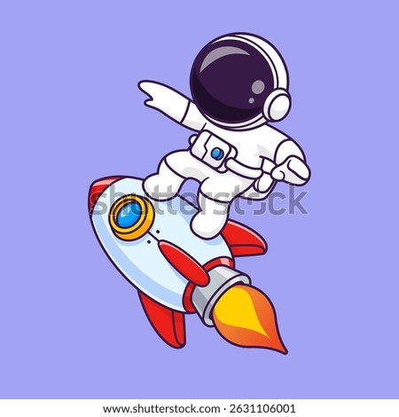 Cute Astronaut Standing On Rocket Cartoon Vector Icon Illustration. Science Technology Icon Concept Isolated Premium Vector. Flat Cartoon Style
