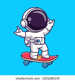 Cute Astronaut Standing On Skateboard With Metal Hand Cartoon Vector Icon Illustration. Science Sport Icon Concept Isolated Premium Vector. Flat Cartoon Style