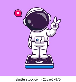 El astronauta lindo parado en el peso muestra la ilustración del icono vector de dibujos espaciales. Concepto de icono de la tecnología de la ciencia Vector Premium aislado. Estilo de dibujo plano