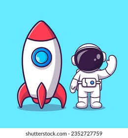 Cute Astronaut Standing With Rocket Cartoon Vector Icon Illustration. Science Technology Icon Concept Isolated Premium Vector. Flat Cartoon Style