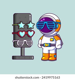 El astronauta lindo está de pie con un juego de gafas en segundo plano en la tienda óptica de ilustración