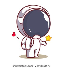 Cute astronaut standing with a star cartoon character. Space and science concept design. Hand drawn flat adorable chibi vector illustration. Icon logo mascot isolated background.