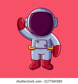 Cute Astronaut Standing Waving Hand Cartoon Vector Illustration. Cartoon Style Icon or Mascot Character Vector.