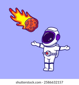 Cute Astronaut Standing Waving Hand With Floating Flaming Comet Cartoon Vector Illustration. Science Technology Concept. Flat Cartoon Outline Style.