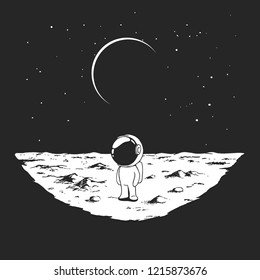 Cute astronaut stands alone on Moon surface. Prints design. Hand drawn vector illustration