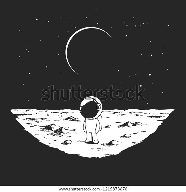 Cute astronaut stands alone on Moon\
surface. Prints design. Hand drawn vector\
illustration