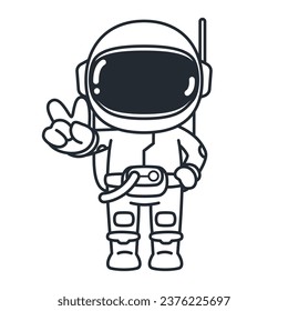 Cute Astronaut stands and victory hand on an isolated white background. Vector illustration cartoon line drawing design.
