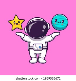 Cute Astronaut mit Cute Star und Cute Planet Cartoon Vektorsymbol Illustration. Science Space Icon Konzept isolierter Premium-Vektorgrafik. Flachbildkartonstil