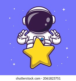 Cute Astronaut With Star In Space Cartoon Vector Icon Illustration. Technology Science Icon Concept Isolated Premium Vector. Flat Cartoon Style