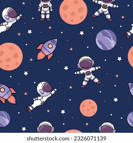 Cute astronaut in the starry space. Pattern