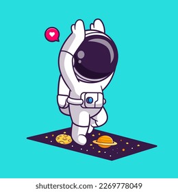 Cute Astronaut stretching Yoga On Space Mat Cartoon Vector Icon Illustration. Science Sport Icon Concept Isolated Premium Vector. Flat Cartoon Style