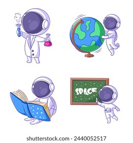 Cute astronaut studying, cartoon style set