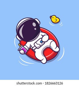 Cute Astronaut Summer Floating On Beach With inflatable raft Cartoon Vector Icon Illustration. Science Summer Icon Concept Isolated Premium Vector. Flat Cartoon Style