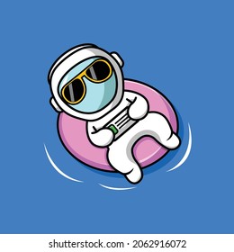 Cute Astronaut Summer Floating On Beach With inflatable raft Cartoon Vector Icon Illustration. Science Summer Icon Concept Isolated Premium Vector. Flat Cartoon Style