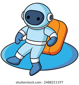 Cute Astronaut Summer Floating On Beach With inflatable raft Cartoon Vector Kawaii Icon. Science Summer Illustration