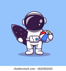 Cute Astronaut Summer With Surfboard And Ball Cartoon Vector Icon Illustration. Space Summer Icon Concept Isolated Premium Vector. Flat Cartoon Style