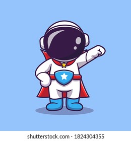 Cute Astronaut Super Hero Cartoon Vector Icon Illustration. Science Technology Icon Concept Isolated Premium Vector. Flat Cartoon Style