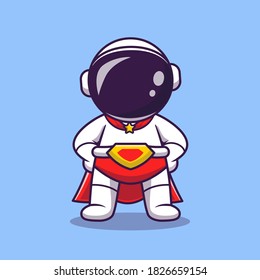 Cute Astronaut Super Hero Cartoon Vector Icon Illustration. Science Technology Icon Concept Isolated Premium Vector. Flat Cartoon Style