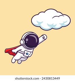 Lindo Astronauta Super Héroe Volando A La Nube De Dibujos Animados Ilustración De Iconos Vectoriales. Icono de ciencia tecnología concepto aislado Vector Premium. Estilo plano de dibujos animados