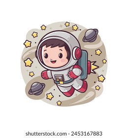 Cute Astronaut Super Hero Flying Cartoon Illustration. Flat Cartoon Style