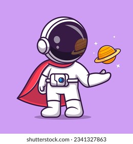 Cute Astronaut Super Hero With Planet Cartoon Vector Icon Illustration. Science Holiday Icon Concept Isolated Premium Vector. Flat Cartoon Style