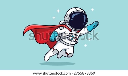 A cute astronaut superhero is flying through space, depicted in a charming cartoon vector illustration.