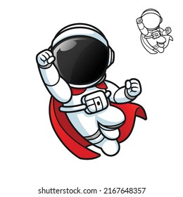 Astronauta lindo al estilo de superhéroe con un cabo con dibujo de arte en línea blanca y negra, espacio científico exterior, ilustración de carácter vectorial, logotipo de mascota de dibujo con fondo blanco aislado.