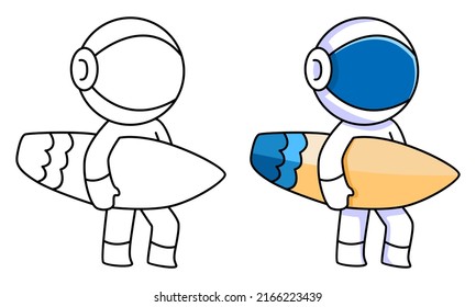cute astronaut with surfboard coloring page for kids