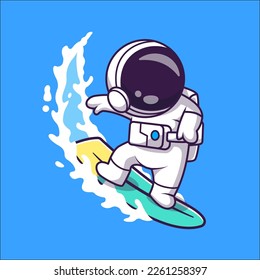 Cute Astronaut Surfing Cartoon In Ocean Vector Icon Illustration. Science Holiday Icon Concept Isolated Premium Vector. Flat Cartoon Style