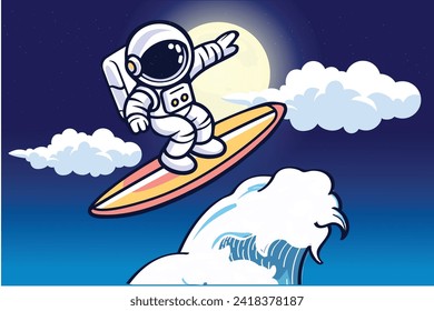 Cute Astronaut surfing on the beach with riding big waves Cartoon Vector Icon Illustration. background on beach Concept Isolated Premium Vector. Flat Cartoon Style