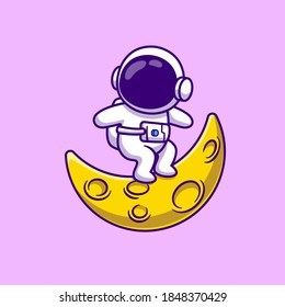 Cute Astronaut Surfing On Moon Cartoon Vector Icon Illustration. Science Technology Icon Concept Isolated Premium Vector. Flat Cartoon Style