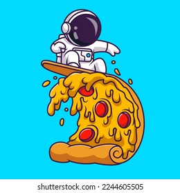 Cute Astronaut Surfing on Pizza Wave Cartoon Vector Icon Illustration. Science Food Icon Concept Isolated Premium Vector. Flat Cartoon Style