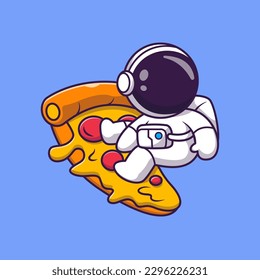 Cute Astronaut Surfen auf Pizza Cartoon Vektorsymbol Illustration. Science Food Icon Konzept isolierter Premium-Vektorgrafik. Flachbildkartonstil