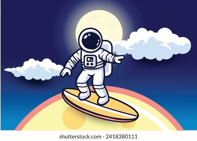 Cute Astronaut surfing on planets Cartoon Vector Icon Illustration. Science Food Icon Concept Isolated Premium Vector. Flat Cartoon Style
