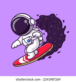 Cute Astronaut Surfing On Space Wave Cartoon Vector Icon Illustration. Science Sport Icon Concept Isolated Premium Vector. Flat Cartoon Style