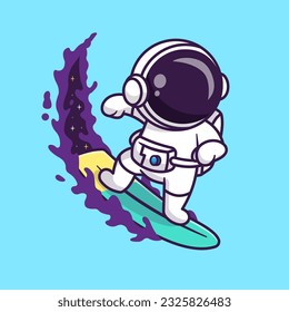 Cute Astronaut Surfing On Space Wave Cartoon Vector Icon Illustration. Science Sport Icon Concept Isolated Premium Vector. FlatCartoon Style