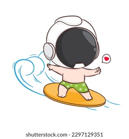 Cute astronaut surfing on the wave. Summer holiday concept design. Isolated white background. Vector art illustration