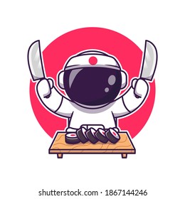 Cute Astronaut Sushi With Knife Cartoon Vector Icon Illustration. Science Food Icon Concept Isolated Premium Vector. Flat Cartoon Style