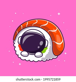 Cute Astronaut With Sushi Salmon Cartoon Vector Icon Illustration. Science Food Icon Concept Isolated Premium Vector. Flat Cartoon Style