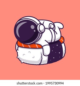 Cute Astronaut With Sushi Salmon Cartoon Vector Icon Illustration. Science Food  Icon Concept Isolated Premium Vector. Flat Cartoon Style