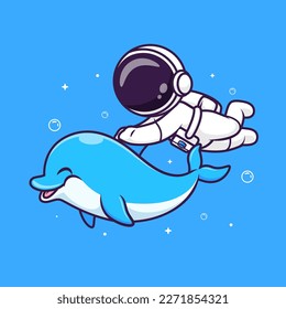 Cute Astronaut Swimming With Dolphin Cartoon Vector Icon Illustration. Science Nature Icon Concept Isolated Premium Vector. Flat Cartoon Style