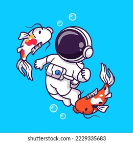 Astronauta Astronauta Con Icono Del Vector De Caricatura De Koi. Concepto de icono animal de ciencia Vector Premium aislado. Estilo de dibujo plano