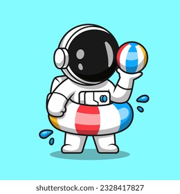 Cute Astronaut With Swimming Tires and Beach Ball Cartoon Vector Icon Illustration. Science Holiday Icon Concept Isolated Premium Vector. Flat Cartoon Style